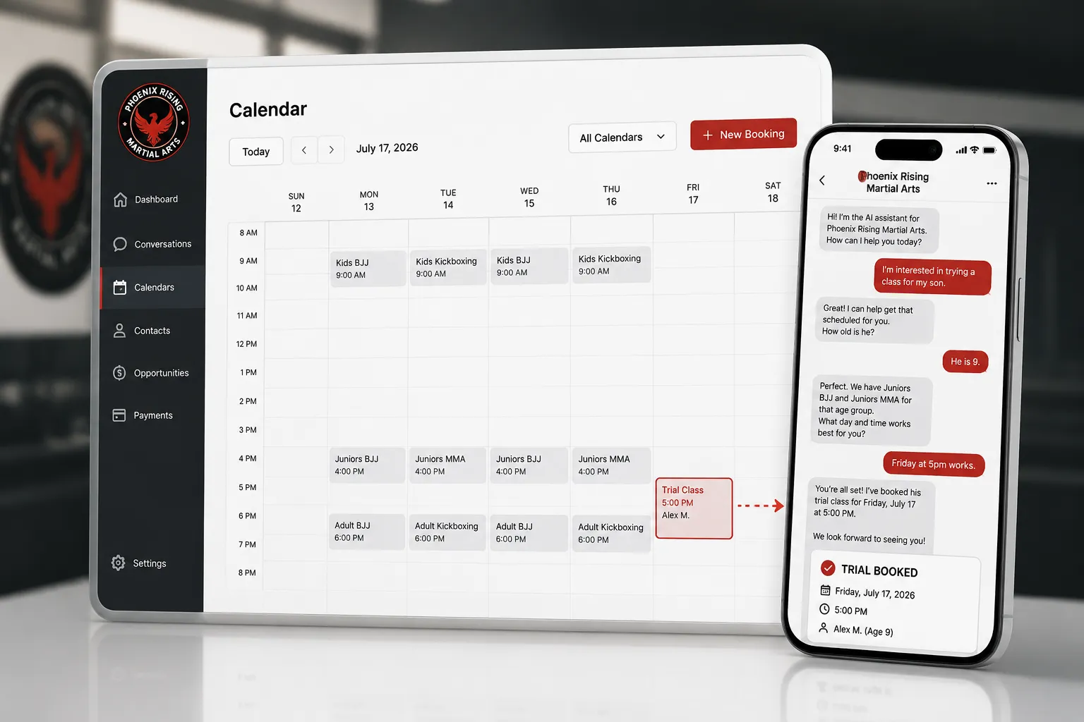 A tablet showing a class booking calendar beside a phone where an AI assistant schedules a trial class.