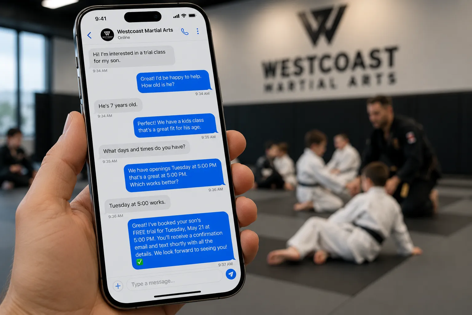 A phone showing an automated text message conversation that answers a parent and books a child's trial class.