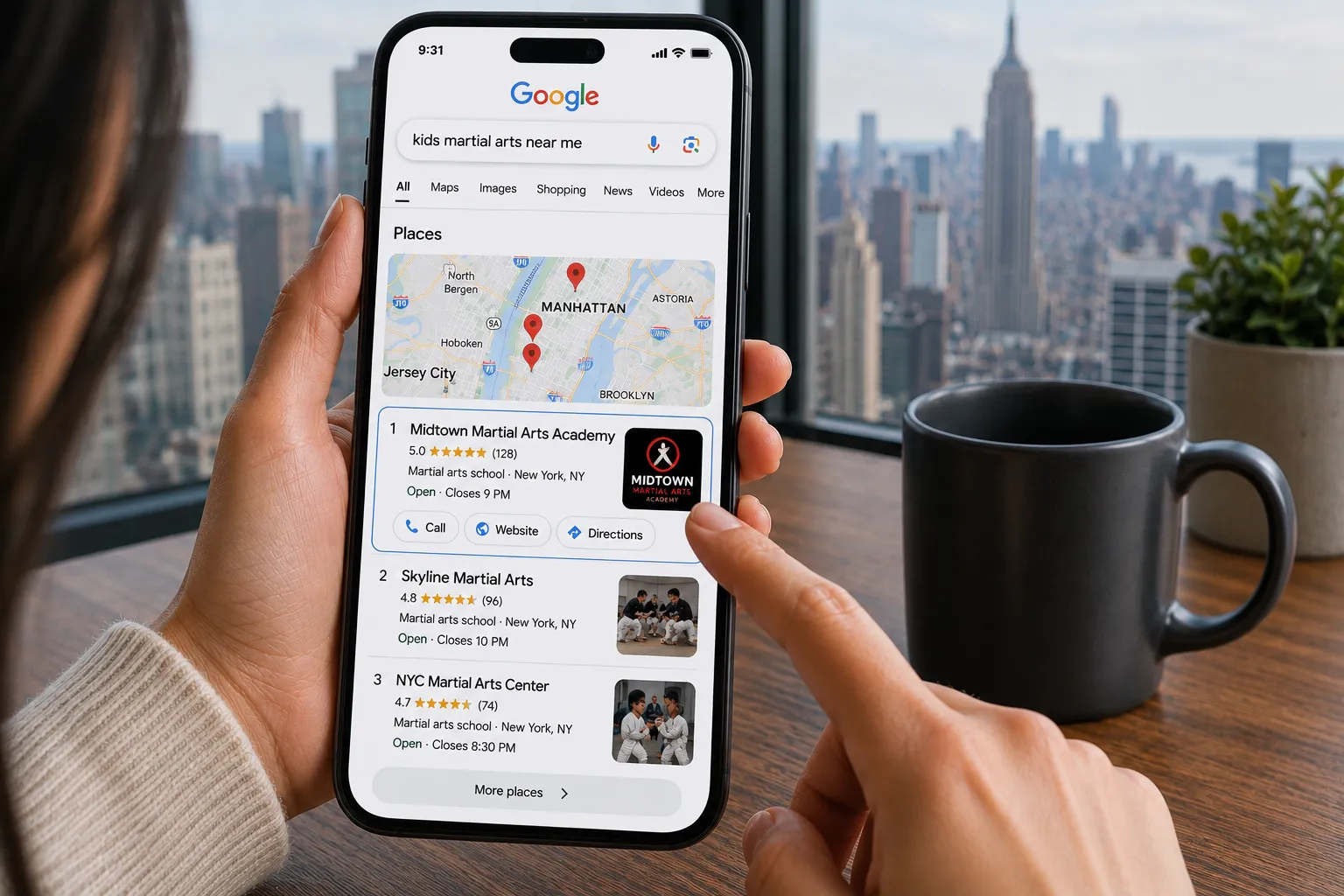 A phone showing a Google search for local martial arts academies, with one academy ranked first in the map results.