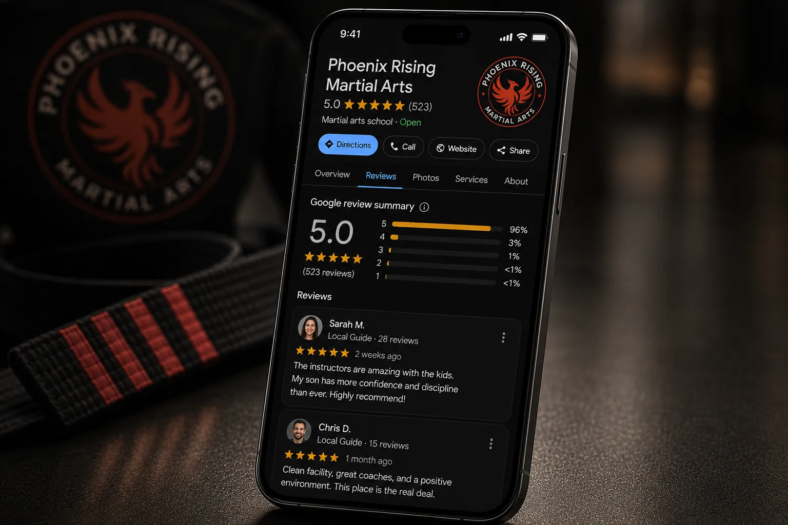 A phone showing a martial arts academy's five-star Google reviews page.