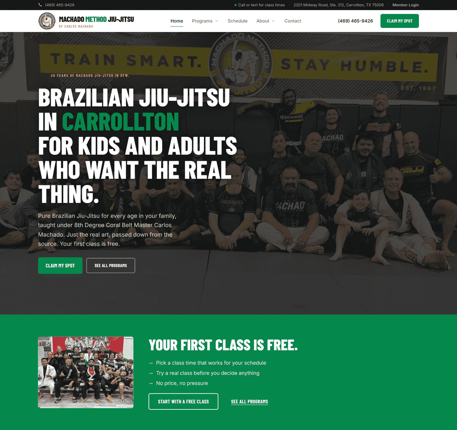 A martial arts academy website built by Motus Mission.